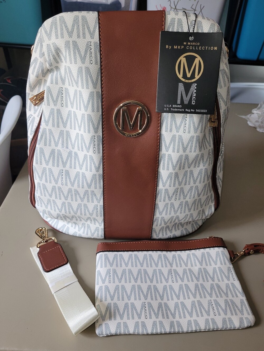 NWT - M Marco MKP Collection Monogram Backpack & Pouch in Cream and Brown.